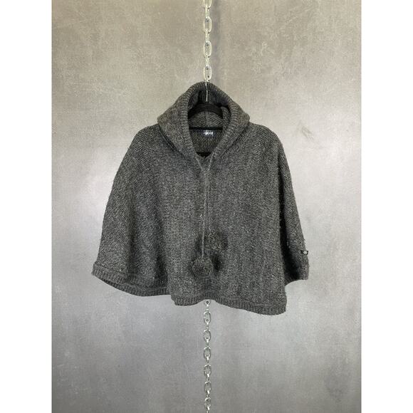 Rare Stussy gray wool hooded poncho with puff drawstrings M‎ - Picture 4 of 9